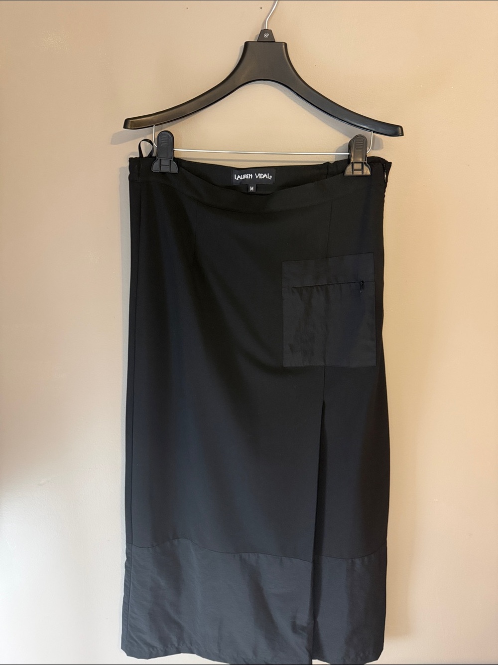 Lauren Vidal black midi skirt/ minimalist, utility-inspired design.  Size M